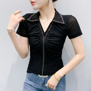 YIMEI 2025 Summer New Fashionable Mesh Elastic Hot Diamond Top with Western Style Flip V Collar Large Size Shirt Retro Leopard Pattern T-shirt