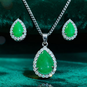 SEQUITO Ladies Chinese Style Tear Drop Green CZ Tiny White AAAAA Zirconia Chain Pendant Necklace Set Evening Party Costume Jewellery SJ459