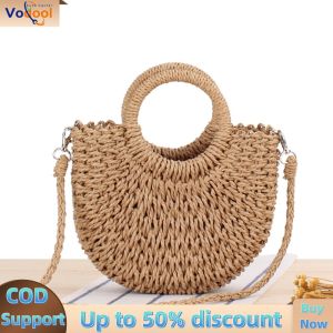 Summer Womens Semicircle Woven Shoulder Bag Compact Crossbody Bag for Beach Travel and Holiday Outings