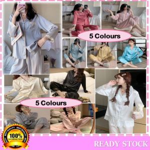 ❤️New Design 2 DESIGNS 10 Colours Elegant with Laces 2pcs SET Satin Long Sleeve & Pant Pajamas Nightwear Set Lingerie Baju Tidur LL05 & LL07