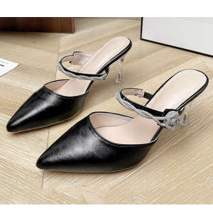 [Free Shipping] Soft leather closed-toe womens slippers 2025 model stiletto pointed toe rhinestone high heels niche versatile luxury sandals for parties