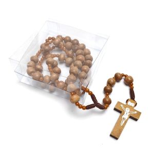 Kalung Rosario Katolik Bahan Kayu Kopi Warna Coklat Muda Salib Kayu Harces Lilit Dengan Box Mika