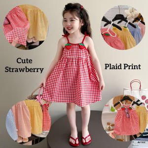 AILEBE Kids Dress for Kids Girl Cute Strawberry Plaid Strap Dress Soft Lightweight Breathable Summer Wear Perfect 0-12Year Old Girl Outfit Daily OOTD Pambahay Pang Gala