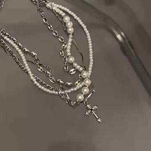 AE2024 Heavy-duty multi-layered pearl stacked cross necklace for women unique design sweet and cool style clavicle chain choker