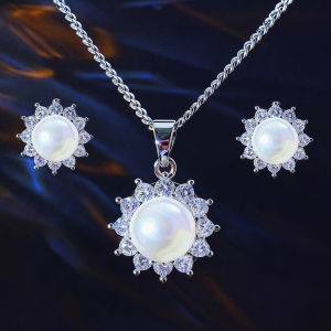 เลื่อม Charming สำหรับผู้หญิงชุดเครื่องประดับสีเงินประดับเพชรสวิส AAA ลูกบาศก์เพทายกับจี้ต่างหูสตั๊ดไข่มุกเทียม SJ458สร้อยคอ