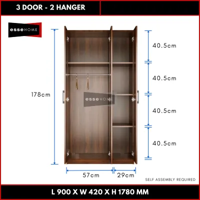 [178CM] EsseHome 3 Door Wardrobe Cabinet Cupboard Storage Almari Baju