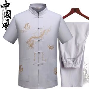 Mens Chinese Style Clothes Short Sleeve Shirt Long Pant Tang Suit Two Piece㏇X0420