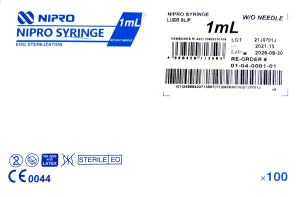 NIPRO SYRINGE 1ML LUER SLIP 100s STERILE SINGLE-USE SYRINGE -  EXPIRY 2027