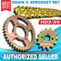 HDR GOLD CHAIN AND SPROCKET SET FOR KAWASAKI HD3 / SUZUKI X4 / KYMCO GP125 (14/42t/45t 428H-120L). 