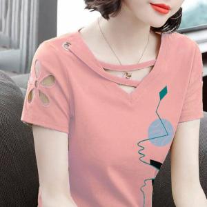 Pure Cotton Short-Sleeved Solid Color Hollow-out V-neck Shirt Summer