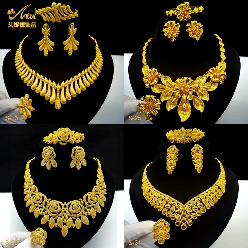 Dubai Fashion Jewelry Set 24K Gold Plated Flower Shape Copper Earrings  Necklace For Women Wedding Party Wholesale Jewelry Set - African Boutique