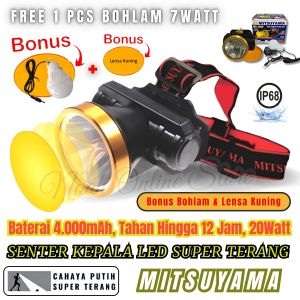 Senter Kepala Anti Air 20 Watt Body Mitsuyama Ms-169P Plus Bohlam Led + Lensa Kuning & Cahaya Putih / Senter Kepala LED MITSUYAMA / Senter Kepala 20W Headlamp LED 20Watt~NOS