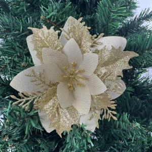 50PCS Glitter Christmas Poinsettia Flowers with Clips Artificial Xmas Tree Ornaments for Wreath Home Holiday