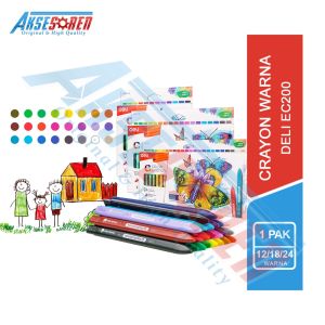 Crayon Segitiga Sekolah Deli [EC200/12/18/24 Warna] / Pensil Krayon Cerah Ergonomis Tidak Beracun / Alat Perlengkapan Menggambar