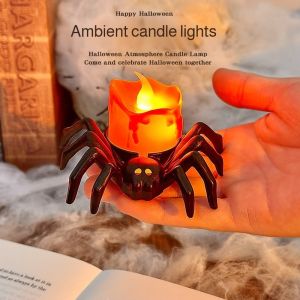 Horror Spider LED Night Light Halloween Party Decoration Warm Candle Lamp Scary Spider Ornament Table Prop for Home Bar Haunted House Display