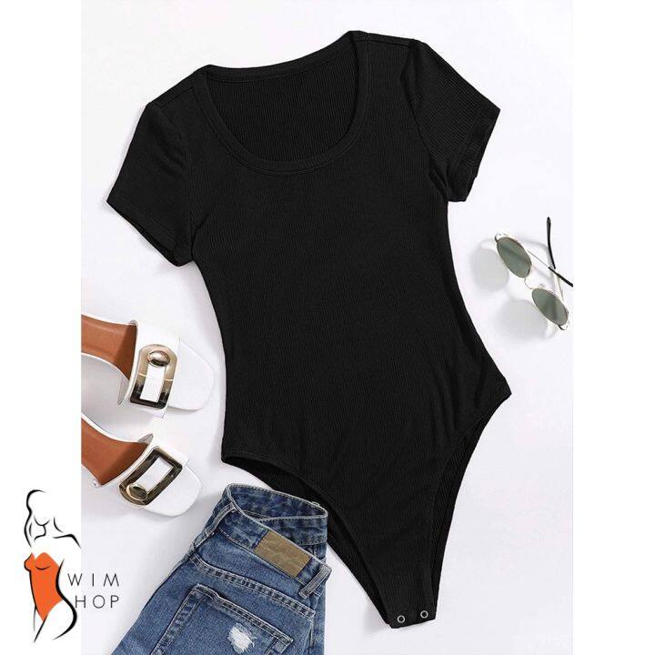 SS Giselle Bodysuit Short Sleeve Tops Round Neck Sexy Korean