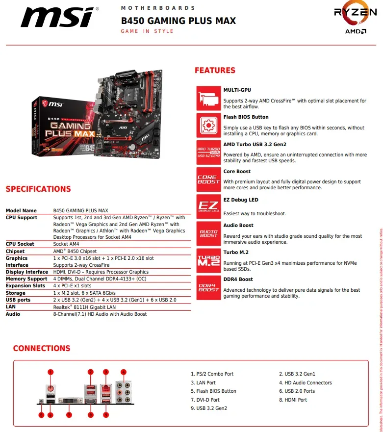 Itw MSI Motherboard B450 Gaming Plus Max ATX AM4 DDR4 Lazada
