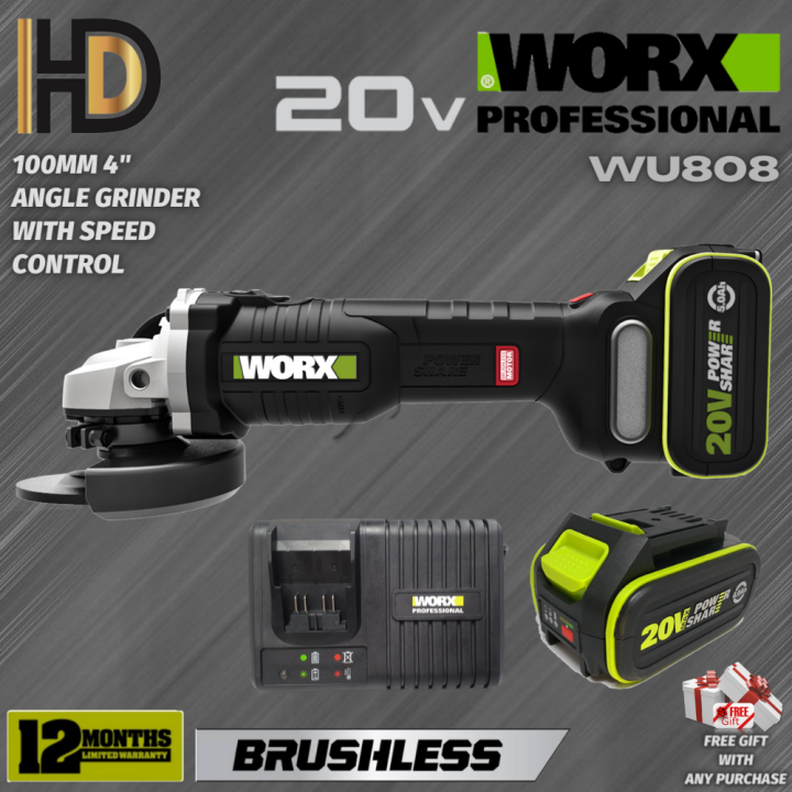 WORX 20V WU808 Cordless 4" 100MM Angle Grinder With Speed Control