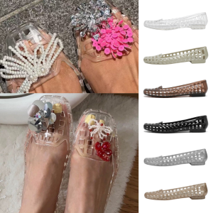 YUCHEN Square Toe Crystal PVC Jelly Shoes Waterproof Korean Style Heavenly Jelly Sandals Fashion Non-Slip DIY Shoes Charms Shoes Girls