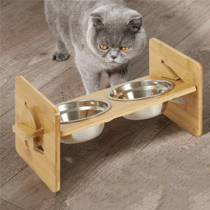 WISFOR Eco Double Cat Bowl Non-slip Pet Bowls Stand Dog Elevated Wooden Feeder Food Water Raised Lifted