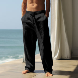Mens Casual Linen Pants Summer Breathable/Straight Leg Sports Pants/Loose Fit Outdoor Daily Wear For Young Adults
