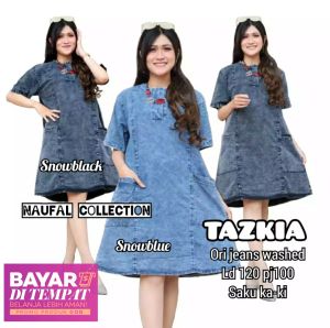 Dress Jeans Jumbo XXL Atasan Wanita Tunik Lengan Pendek Tazkia Dress Sabrina Polos Terbaru