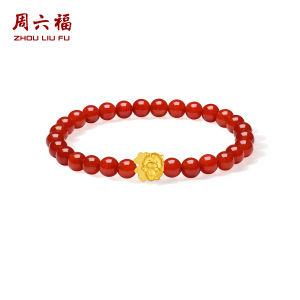 ZHOU LIU FU 周六福 24K Solid Gold Charm Bracelets Horse Zodiac Agate Beads Stretch Bracelet Healing Jewelry for Women Mom Lover Birthday Anniversary 17CM A1915770