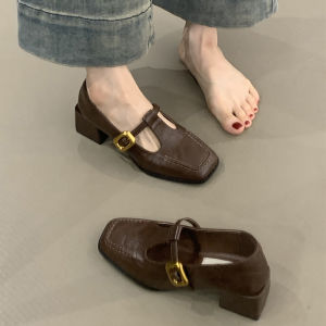 Retro Square Toe Temperament High Heels Mary Jane Shoes Pumps Buckle Straps Thick Heels Commuter High Heels Women