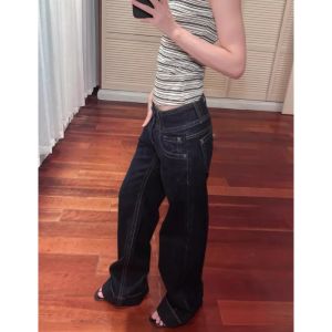 Womens American Blue Button Design Jeans Low Waist Straight Leg Loose Wide Leg Drapey Long Pants Y2K Style Slimming Denim2026