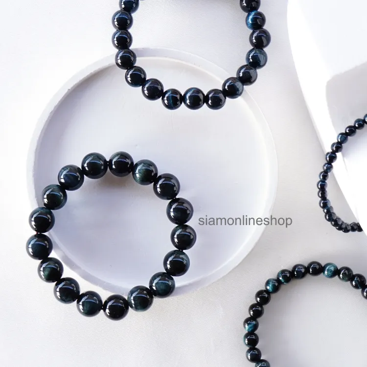 DARK BLUE TIGEREYE หินไทเกอร์อาย สีน้ำเงินเข้ม (เลือกขนาดเม็ดหินได้) สร้อยข้อมือ หินแท้