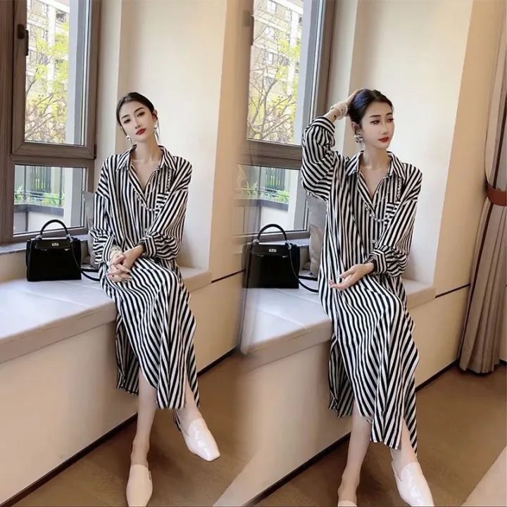 Striped Polo Neck Loose Long Sleeve Dress Women Mid length Sunscreen Shirt Skirt Lazada PH