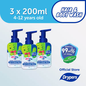 Drypers ActivKidz AntiBac Moistfoam Hair & Body Wash - Fruity Fresh 3x200ml