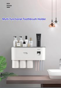 Toothbrush Holder Toothpaste Dispenser Cup Storage Bathroom Shelf Organizer