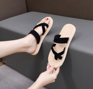 [Free Shipping] Womens Summer Fashion Flip-Flops PP Straw Woven Slippers for Outdoor Wear Trendy Floral Korean Style Beach Shoes