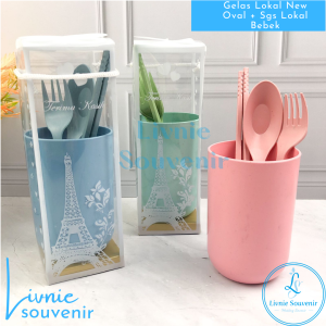 Souvenir Gelas Plastik Lokal NEW + Sendok Set Lokal Bebek kemasan mika / Souvenir Pernikahan / Souvenir Ulang Tahun