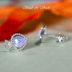 [Studs & Such] 925 Silver Crowned Heart Opal Stone Stud Earrings Ornamented With Cubic Zirconia