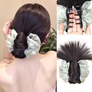 CHICNOOK ลายมัดย้อม วิกผมหัวมวยยุ่ง หมึกจีน วัสดุสังเคราะห์ ชิ้นผมปลอม ของตกแต่งผม ฟูฟ่อง หัวลูกบอลขนไก่ ผู้หญิง