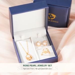 SINLISH Rose Pearl Jewelry Set Freshwater Necklace Earrings & Ring 18K Gold Vermeil Elegant Wedding & Daily Style