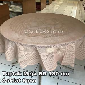 Taplak Meja Bundar RD 180 cm Bahan kain Polyester Warna Coklat Susu Corak Bunga Mahkota Murah Cantik