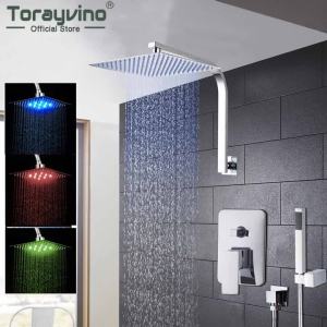 LDIES Torayvino Bathroom Shower Set LED Square Rainfall Shower Head Wall Mounted W/ Control Valve Hand Sprayer Chrome Polished Kit 4B2Z9
