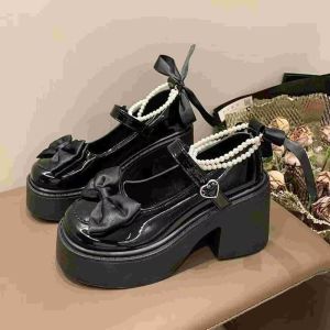 [Free Shipping] WomenS Shoes 2026 Summer New Princess Style Chunky Heel Loafers With Skirt Bow And Beaded Small Leather Shoes