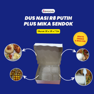 Box Dus Nasi Kotak R8 Putih Premium Plus Mika Sendok - Ukuran 18x18x7 - Isi 100 Pcs