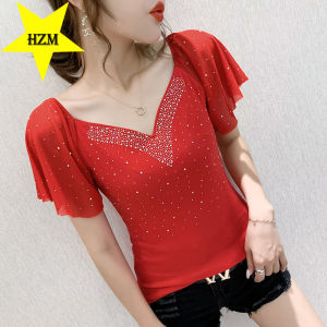 HZM  2023 Summer New Heavy Industry Hot Diamond Top Womens Fashion Ruffle Sleeve V-Neck Top Slim Slim Short Sleeve Mesh Shirt