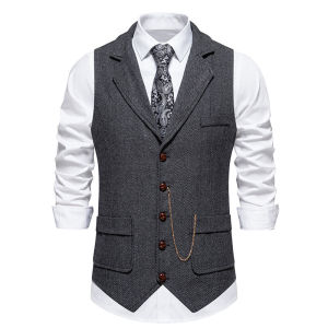 Time-limitedMens Retro Lapel Chain Vest Fashion Herringbone Coarse Tweed Pockets Suit Vest British Casual Vintage Gentleman Leisure PartyL82