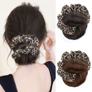 GUORE Scrunchy Leopard Print Hairband Chignon Claw Clip Hair Pieces Ball Head Wig Temperament Fluffy Synthetic Hair Bun Women