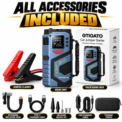 GTIOATO 4 IN 1 Car Jump Starter With Tire Inflator Air Pump PowerBank Emergency Light For Car Motorcycle