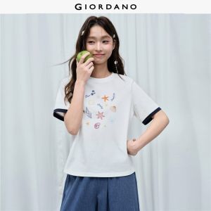Giordano Women Sea life embroidery contrast cuff cotton tee Free Shipping 18326817
