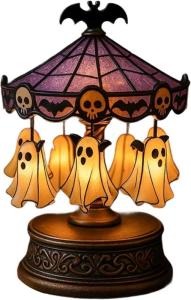 Specter CarouselLight Halloween Desk Lamp Vintage Carousel Decor with FloatingGhost Bats & Skeletons Warm Mood Lighting for Halloween Decoration & Home Decor