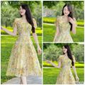 Váy hoa nhí dang dài dự tiệc thiết kế sang trọng, đầm xòe màu hoa cổ V tay búp, đầm xòe. 