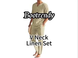 Mens 2 Pieces Cotton Linen Set Henley Shirt Long Sleeve and Casual Beach Pants Summer Yoga Outfits Tracksuit㏇X0419